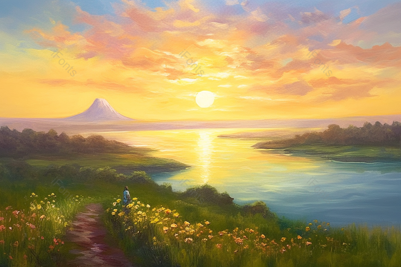 路边开满小花湖泊手绘油画插画图,插画/手绘图,插画/手绘图库,插画/手绘图下载,插画/手绘